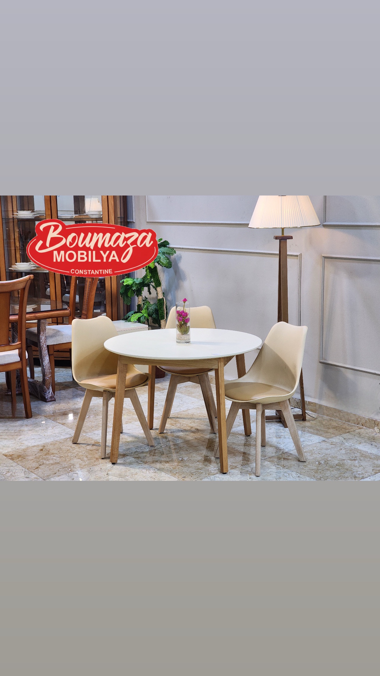 Table ronde contemporaine en MDF avec socle en hêtre massif